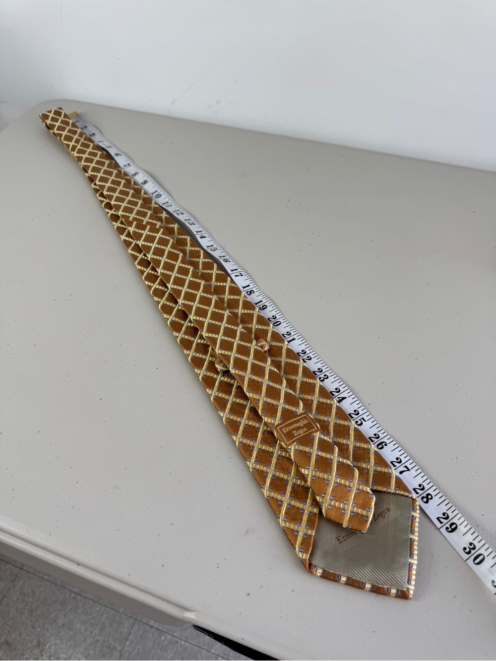 Ermenegildo Zegna Silk Necktie Gold Geometric Grid Luxury Designer Tie Classic - Picture 5 of 12